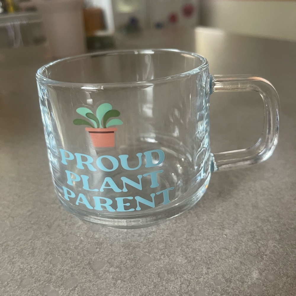 Glass Mug with Plant Design and Text